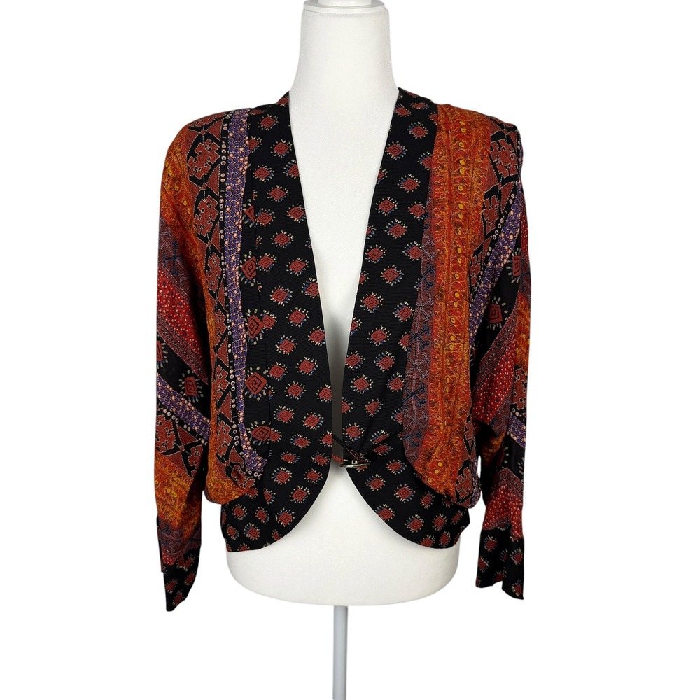 Vintage Carole Little Jacket Womens 12 Black Red Mixed Print Open Front Boho